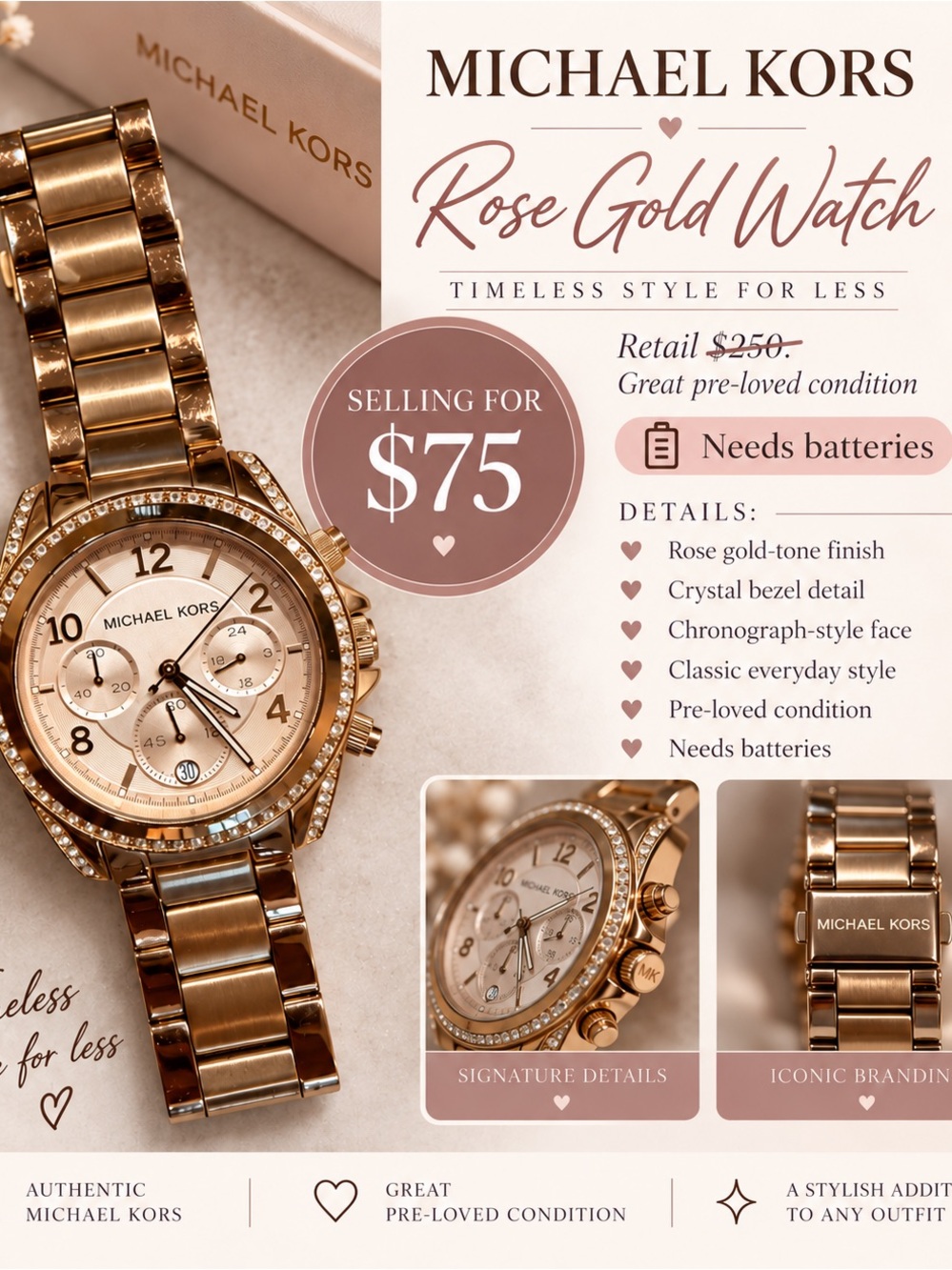 Michael Kors Rose Gold-Tone Crystal Bezel Bracelet Watch